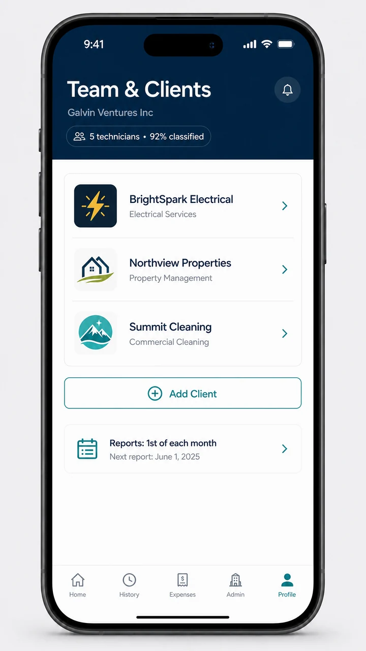 Qevra Team and Clients administration screen showing customers, technicians and monthly reporting