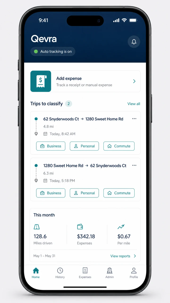 Qevra mobile home screen showing automatic trip tracking, trip classification and monthly mileage and expense totals