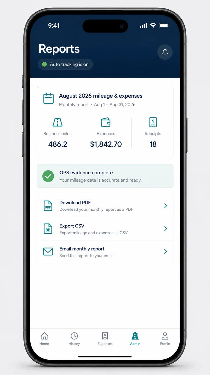 Qevra reporting screen showing business miles, expenses, receipts, GPS evidence and PDF and CSV report options