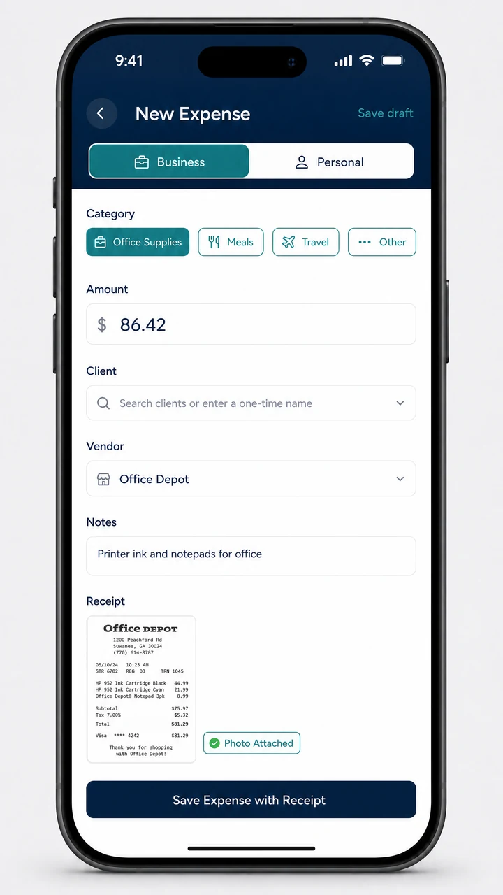 Qevra New Expense screen showing category, amount, client, vendor, notes and attached receipt image
