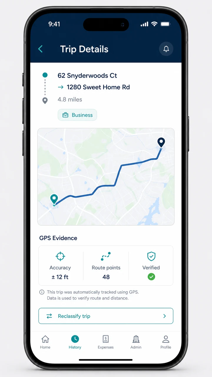 Qevra Trip Details screen showing route map, trip distance and GPS evidence