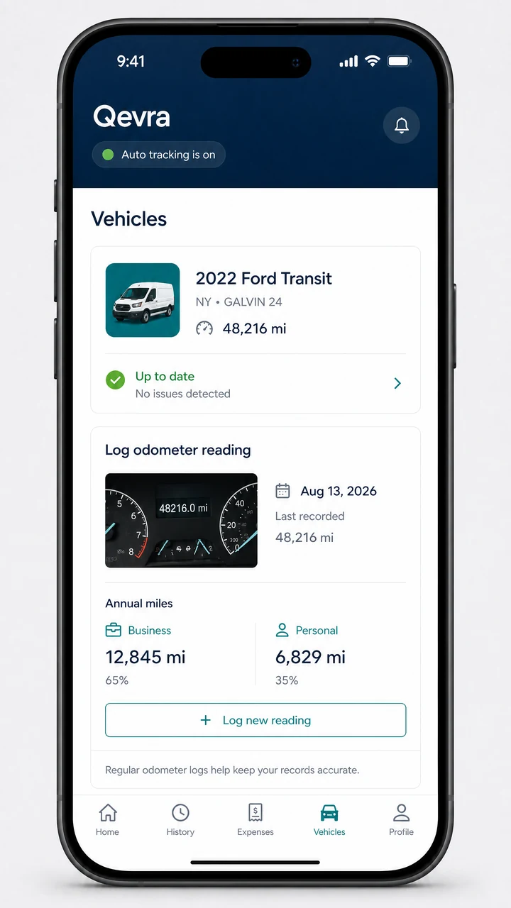 Qevra Vehicles screen showing vehicle information, odometer reading and annual business and personal miles
